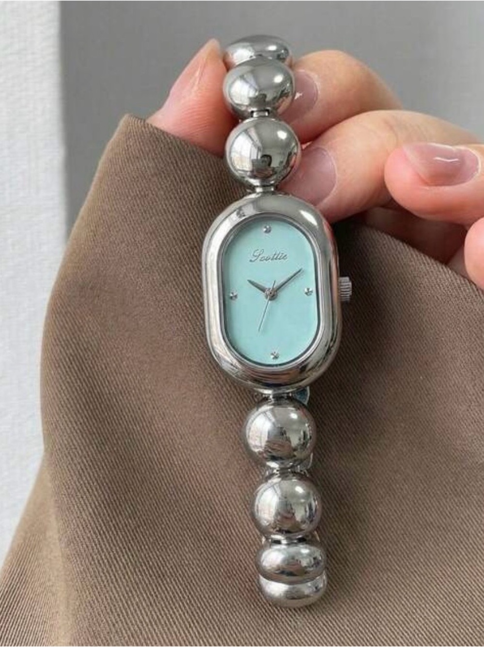 New Goutte Silver-Tone Bead Bracelet Watch with Aqua Dial